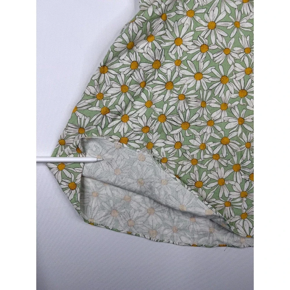 Zara Fit & Flare Mini Dress Womens XS Green Daisy Floral Smocked Puff Sleeve‎